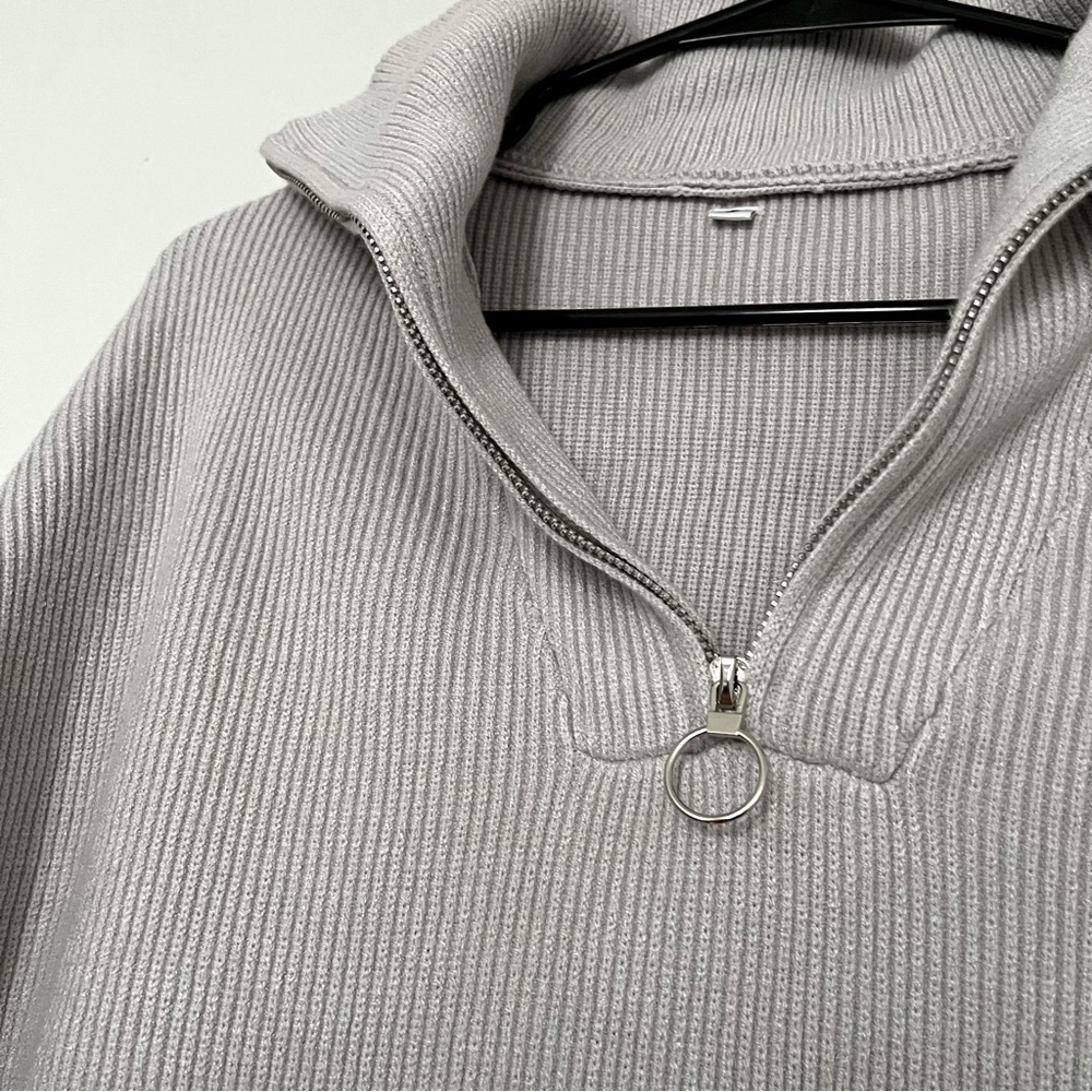Long Sleeve 1/4 Zipper Collar Drop Shoulder Oversized Slouchy Sweater with Slit - Picture 5 of 8